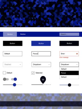 Koyu mavi noktalar ile malzeme tasarım kiti vektör. Arka plan üzerinde renkli stil rehberi daireler ile. Bu web siteleri için kullanabileceğiniz şablon.