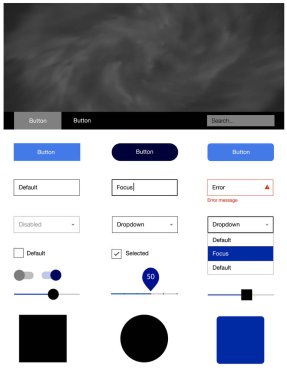 Koyu mavi vektör UI ux seti alan yıldız ile. Güzel UI ux kiti ile onun üstbilgisindeki renkli gökyüzü. Açılış sayfanız için modern şablon.