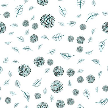 Koyu mavi, yeşil yaprak ve çiçek ile sorunsuz arka plan vektör. Soyut illüstrasyon yaprakları, çiçekleri karalamalar tarzı ile. Web siteleri ve tasarımlar için desen.