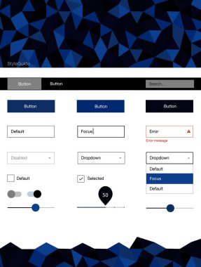 Koyu mavi vektör UI ux kiti üçgen tarzı. Üçgenler ile poligonal tarzında modern stil rehberi. Sen-ebilmek kullanma için açılış sayfaları bu şablonu.