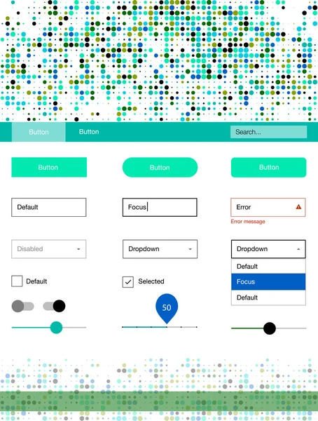 Açık mavi, yeşil vektör tasarım UI kiti noktalı. Güzel UI ux kiti ile onun üstbilgisindeki renkli noktalar. Bu web siteleri için kullanabileceğiniz şablon.