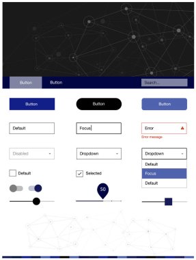 Koyu mavi vektör UI ux kiti daireler ile üçgen tarzı. UI takımı tasarım renkli kristaller, soyut tarzda daireler. Bu örnek açılış sayfanız için mu.