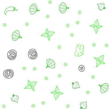 Işık yeşil vektör organik yemek ile sorunsuz şablonu. Dekoratif illüstrasyon gıda ile soyut şablonunda parlayan. Kafe işletme reklamınız için tasarım doodle.
