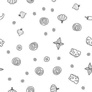 Koyu mavi vektör lezzetli atıştırmalıklar ile sorunsuz doku. Dekoratif illüstrasyon gıda ile soyut şablonunda parlayan. Mutfakta yemek yemek için şablon.