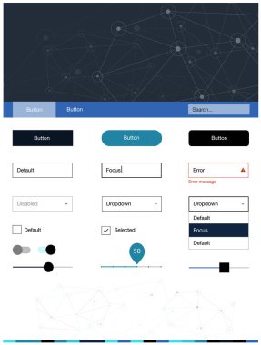 Koyu mavi vektör UI kiti poligonal tarzı daireler ile. Renkli üçgen, daire basit malzeme tasarım kiti. Açılış sayfanız için modern şablon.