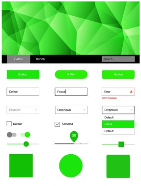 Işık yeşil vektör web UI kiti poligonal tarzı. Basit malzeme tasarım kiti ile üçgen renkli mozaik. Web siteleri için basit renkli tasarım.