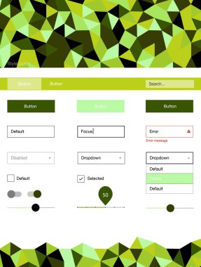 Işık yeşil vektör UI kiti poligonal tarzı. Üçgenler ile poligonal tarzında modern stil rehberi. Web siteleri, açılış sayfaları için güzel düzeni.