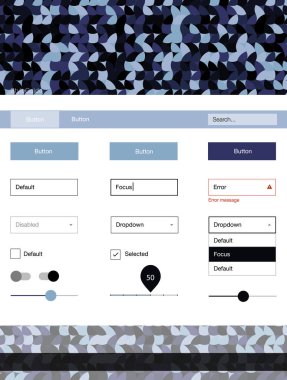 Koyu mavi noktalar ile malzeme tasarım kiti vektör. Dekoratif UI takımı tasarım renkli noktalar ile soyut tarzda. Web siteleri için basit renkli tasarım.