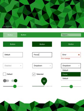 Işık yeşil vektör stil rehberi üçgenler ile. Dekoratif UI takımı tasarım renkli kristaller ile soyut tarzda. Web siteleri için basit renkli tasarım.