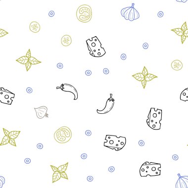 Açık mavi, vektör sorunsuz şablon organik yemek ile sarı. Gıda doodle tarzı ile güzel renkli resimde. Mutfakta yemek yemek için şablon.