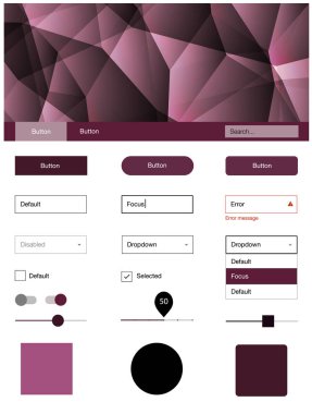 Koyu pembe vektör UI kiti poligonal tarzı. Basit malzeme tasarım kiti ile üçgen renkli mozaik. Web siteleri için basit renkli tasarım.