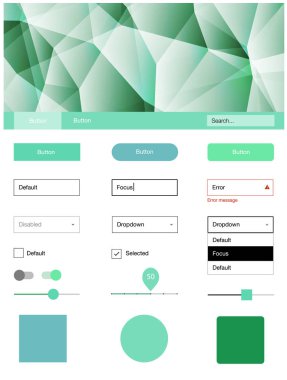 Açık mavi, yeşil vektör UI kiti poligonal tarzı. Web Kullanıcı arabirimi kiti ile onun üstbilgisindeki soyut degrade üçgenler. Sen-ebilmek kullanma için açılış sayfaları bu şablonu.