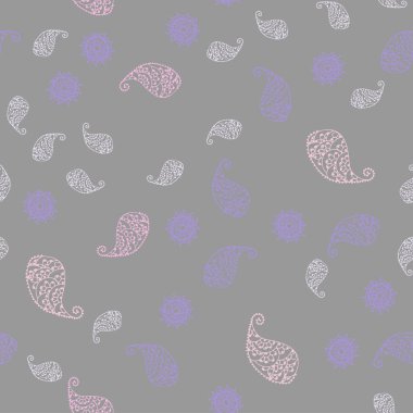 Işık mor, pembe vektör sorunsuz doodle doku ile yaprak ve çiçekler. Yaprak ve çiçek ile modern soyut resim. Marka kitap zarif desen.