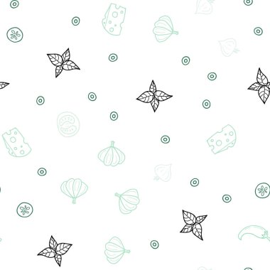 Işık yeşil vektör sorunsuz arka plan ile lezzetli yemekler. Resimde dizi doodle tarzı taze yiyecek. Reklam, poster, afiş kafe ya da restoran için tasarım.