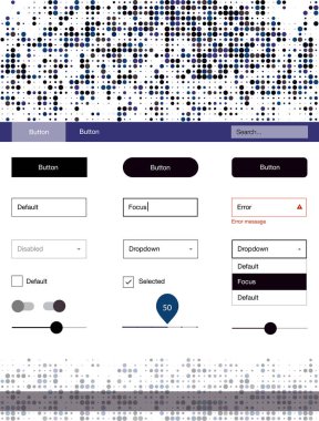 Koyu mavi, sarı vektör tasarım UI kiti noktalı. Web Kullanıcı arabirimi kiti başlığını soyut degrade daireler ile. Bu örnek açılış sayfanız için mu.
