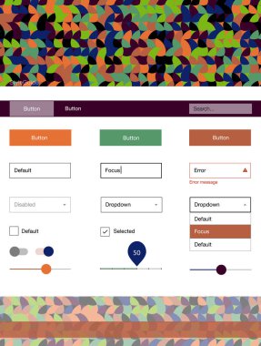 Karanlık Multicolor noktalar ile malzeme tasarım kiti vektör. Web Kullanıcı arabirimi kiti başlığını soyut degrade daireler ile. Bu örnek açılış sayfanız için mu.