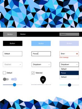 Koyu mavi vektör UI ux kiti üçgen tarzı. UI Ux kiti başlığını poligonal renkli arka plan ile. Açılış sayfanız için modern şablon.