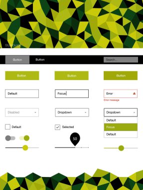 Açık yeşil, sarı vektör web UI kiti poligonal tarzı. Arka plan üzerinde renkli stil rehberi üçgenler ile. Bu web siteleri için kullanabileceğiniz şablon.