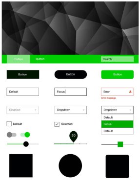 Koyu yeşil, sarı malzeme tasarım kiti çizgilerle vektör. Dekoratif UI takımı tasarım renkli kristaller ile soyut tarzda. Sen-ebilmek kullanma için açılış sayfaları bu şablonu.