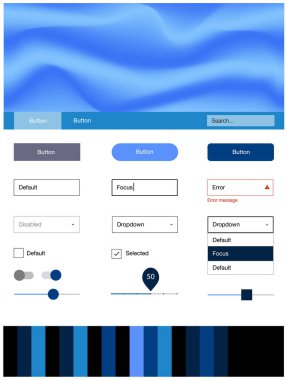 Koyu mavi malzeme tasarım kiti ile sıvı şekil vektör. Degrade çizgiler ile renkli soyut resimde. Açılış sayfanız için modern şablon.
