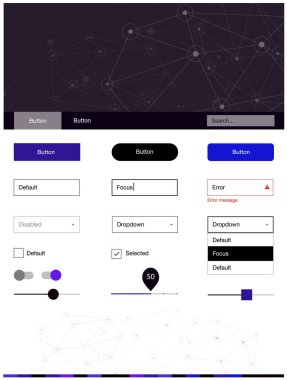 Koyu pembe, mavi malzeme tasarım kiti çizgiler ile daireler vektör. Üçgen, daire arka plan üzerinde Stil Kılavuzu. Açılış sayfanız için modern şablon.