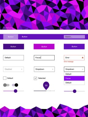 Üçgenler ile koyu mor vektör stil rehberi. Dekoratif UI takımı tasarım renkli kristaller ile soyut tarzda. Web siteleri, açılış sayfaları için güzel düzeni.