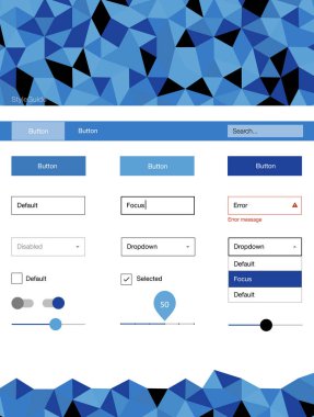 Hafif mavi vektör UI kiti poligonal tarzı. Web Kullanıcı arabirimi kiti ile onun üstbilgisindeki soyut degrade üçgenler. Web siteleri için basit renkli tasarım.