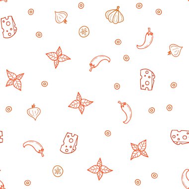 Işık turuncu vektör gurme mutfağı ile sorunsuz kapak. Dekoratif illüstrasyon gıda ile soyut şablonunda parlayan. Desen reklamlar Kahvaltı, Öğle Yemeği, akşam yemeği için.