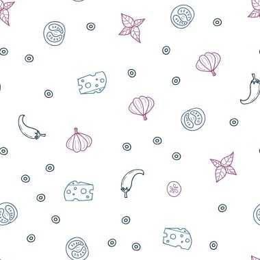 Açık mavi, kırmızı lezzetli atıştırmalıklar ile sorunsuz doku vektör. Gıda doodle tarzı ile güzel renkli resimde. Desen menüsü kafeteryalar, barlar, restoranlar için.