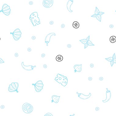 Hafif mavi vektör sorunsuz arka plan ile lezzetli yemekler. Resimde dizi doodle tarzı taze yiyecek. Kafe işletme reklamınız için tasarım doodle.