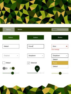 Koyu yeşil, kırmızı vektör UI ux kiti üçgen tarzı. Arka plan üzerinde renkli stil rehberi üçgenler ile. Bu örnek için sitesidir.