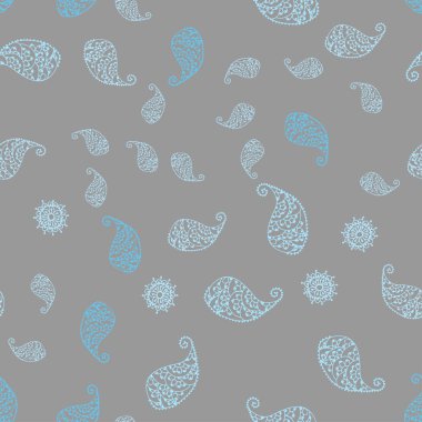 Hafif mavi vektör sorunsuz doodle zemin yaprak ve çiçek ile. Beyaz arka plan üzerinde Hint tarzı dekoratif tasarım. Tasarımınız için tamamen yeni şablon.