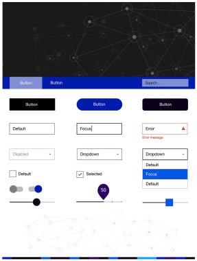 Koyu mavi vektör web UI kiti poligonal tarzı daireler ile. Üçgen, daire arka plan üzerinde Stil Kılavuzu. Sen-ebilmek kullanma için açılış sayfaları bu şablonu.