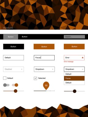 Koyu kırmızı vektör UI ux kiti üçgen tarzı. Üçgenler ile poligonal tarzında modern stil rehberi. Bu web siteleri için kullanabileceğiniz şablon.