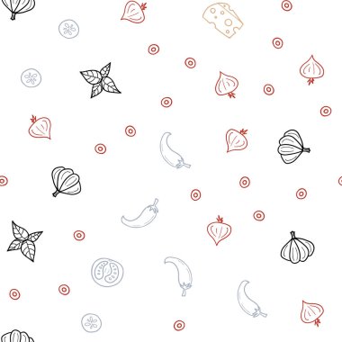 Açık mavi, kırmızı vektör seamless modeli taze malzemelerle. Fast Food renkli gradyan ile bulanık arka plan üzerinde. Kafe işletme reklamınız için tasarım doodle.