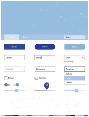 Hafif mavi vektör UI kiti poligonal tarzı daireler ile. Renkli üçgen, daire basit malzeme tasarım kiti. Açılış sayfanız için modern şablon.