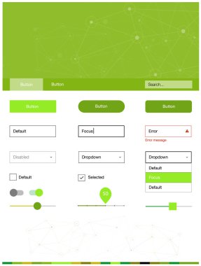 Açık yeşil, sarı vektör tasarım UI kiti ile mozaik, daireler. Üçgen, daire ile poligonal stilinde stil rehberi. Bu web siteleri için kullanabileceğiniz şablon.