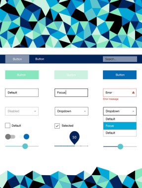 Açık mavi, yeşil vektör web UI kiti poligonal tarzı. Dekoratif UI takımı tasarım renkli kristaller ile soyut tarzda. Bu örnek açılış sayfanız için mu.