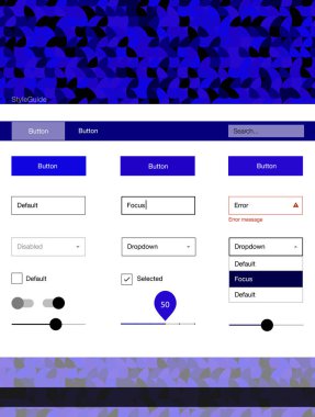 Koyu mavi vektör küreler web UI kiti. Güzel UI ux kiti ile onun üstbilgisindeki renkli noktalar. Açılış sayfanız için modern şablon.