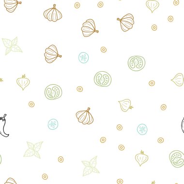 Açık mavi, yeşil vektör sorunsuz arka plan ile lezzetli yemekler. Gıda doodle tarzı ile güzel renkli resimde. Kafe işletme reklamınız için tasarım doodle.