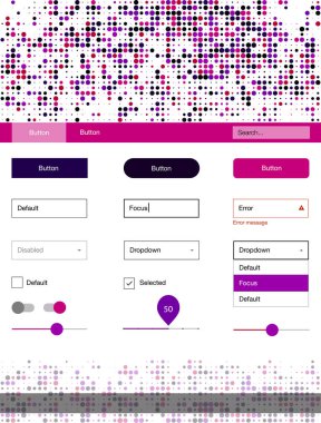 Koyu pembe, mavi malzeme tasarım kiti noktalar ile vektör. Dekoratif UI takımı tasarım renkli noktalar ile soyut tarzda. Sen-ebilmek kullanma için açılış sayfaları bu şablonu.