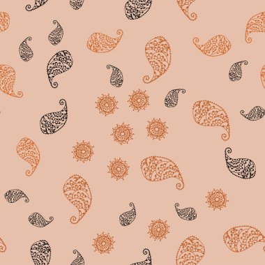 Koyu turuncu vektör sorunsuz doodle zemin yaprak ve çiçek ile. Beyaz arka plan üzerinde Hint tarzı dekoratif tasarım. Dokulu deseni bir Web sitesi için banner.