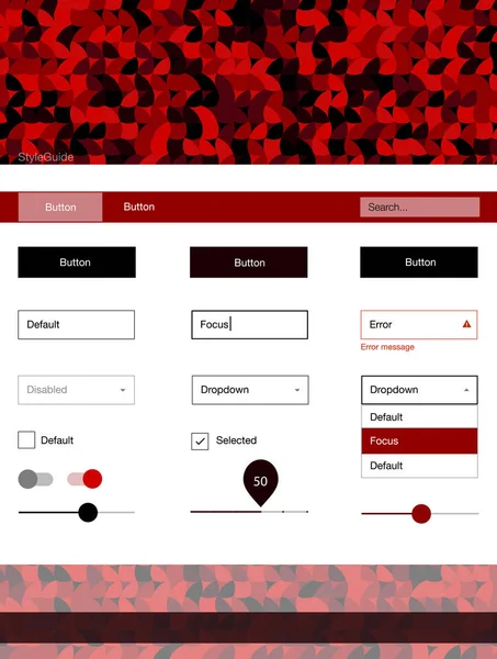 Daireler ile koyu kırmızı vektör stil rehberi. Basit malzeme tasarım kiti üstbilgisindeki renkli noktalar ile. Web siteleri, açılış sayfaları için güzel düzeni.