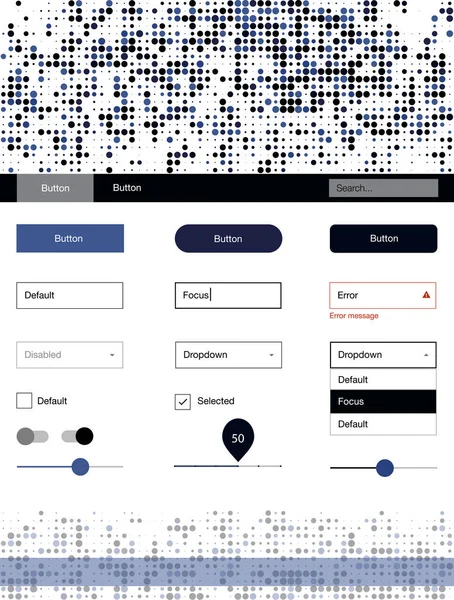 Koyu mavi vektör UI ux kiti daireler ile. Dekoratif UI takımı tasarım renkli noktalar ile soyut tarzda. Açılış sayfanız için modern şablon.