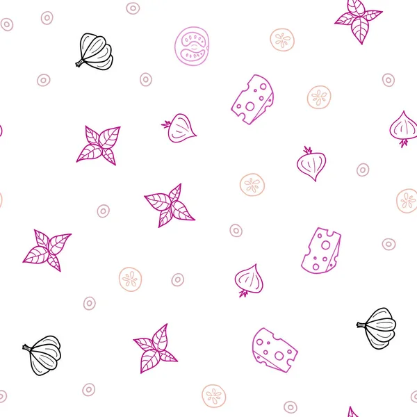 Pembe ışık, vektör sorunsuz şablon organik yemek ile yeşil. Gıda doodle tarzı ile güzel renkli resimde. Desen reklamlar Kahvaltı, Öğle Yemeği, akşam yemeği için.