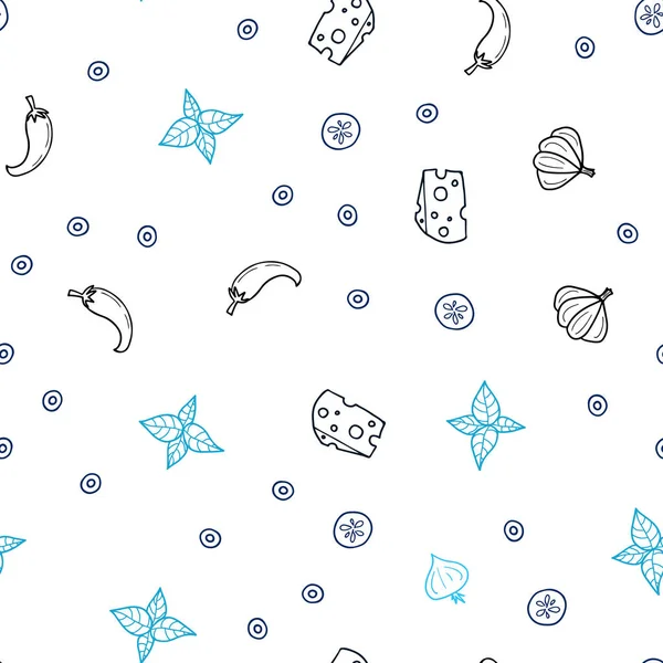 Koyu mavi vektör gurme mutfağı ile sorunsuz kapak. Glitter gurme gıda ile soyut kroki. Kafe işletme reklamınız için tasarım doodle.