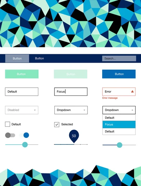Açık mavi, yeşil vektör web UI kiti poligonal tarzı. Dekoratif UI takımı tasarım renkli kristaller ile soyut tarzda. Bu örnek açılış sayfanız için mu.