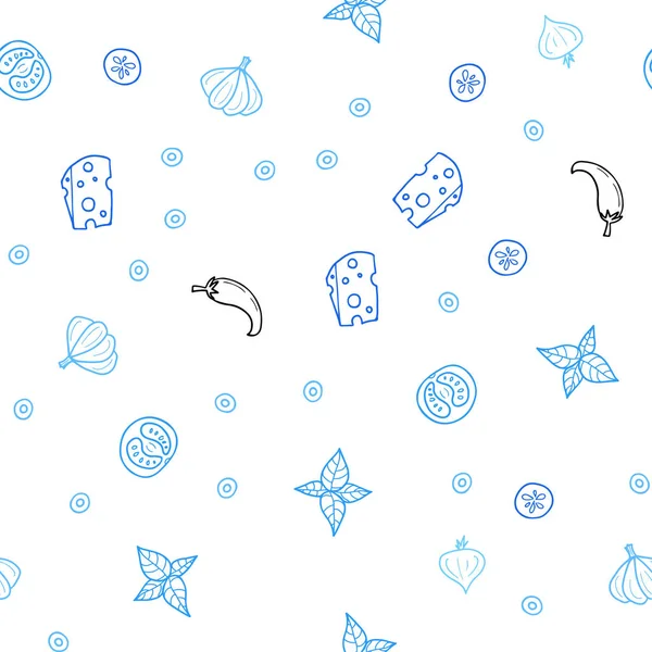 Mavi vektör sorunsuz dokulu aperatifler ve hafif. Gıda doodle tarzı ile güzel renkli resimde. Reklam, kitapçıklar, broşürler restoranlar için desen.