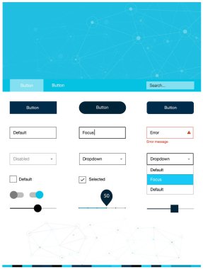 Koyu mavi vektör tasarım UI kiti mozaik, daireler ile. Renkli UI/ux kiti ile üçgenler, üstbilgi çevrelerde. Bu örnek için sitesidir.