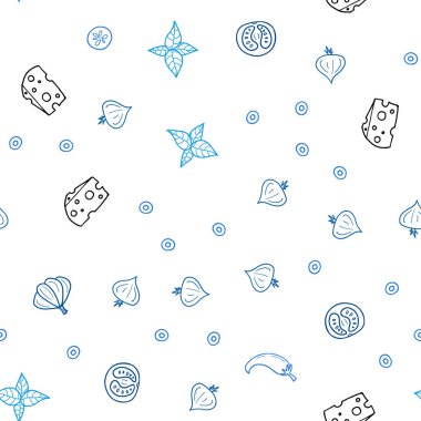 Koyu mavi taze malzemelerle Dikişsiz desen vektör. Dekoratif illüstrasyon gıda ile soyut şablonunda parlayan. Desen reklamlar Kahvaltı, Öğle Yemeği, akşam yemeği için.